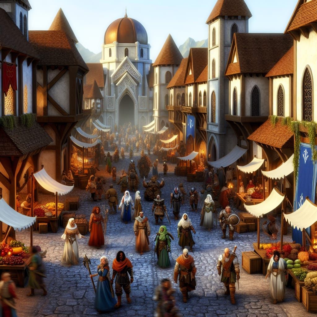 Bustling Market Square in a Vibrant Fantasy Town