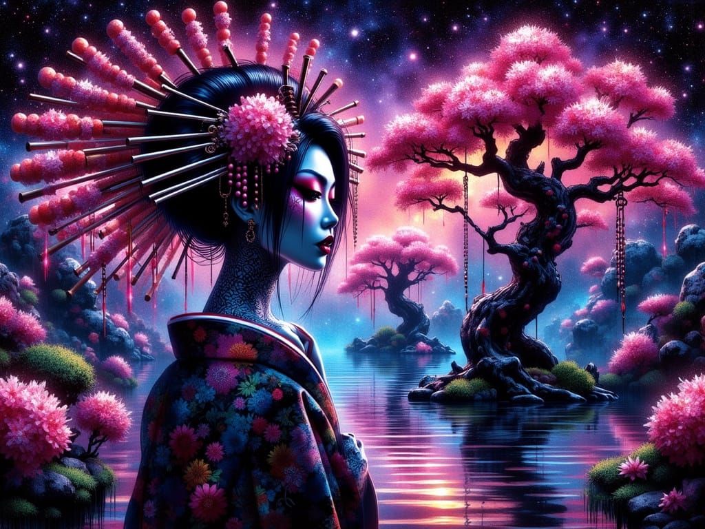 Envision a bioluminescent fractal orchard with a central, ancient tree bearing all kinds of fruits, where a cosmic geish...