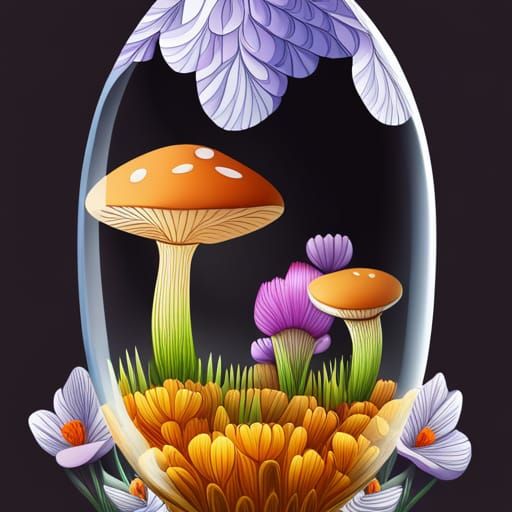 Mushrooms and crocus in a glass egg