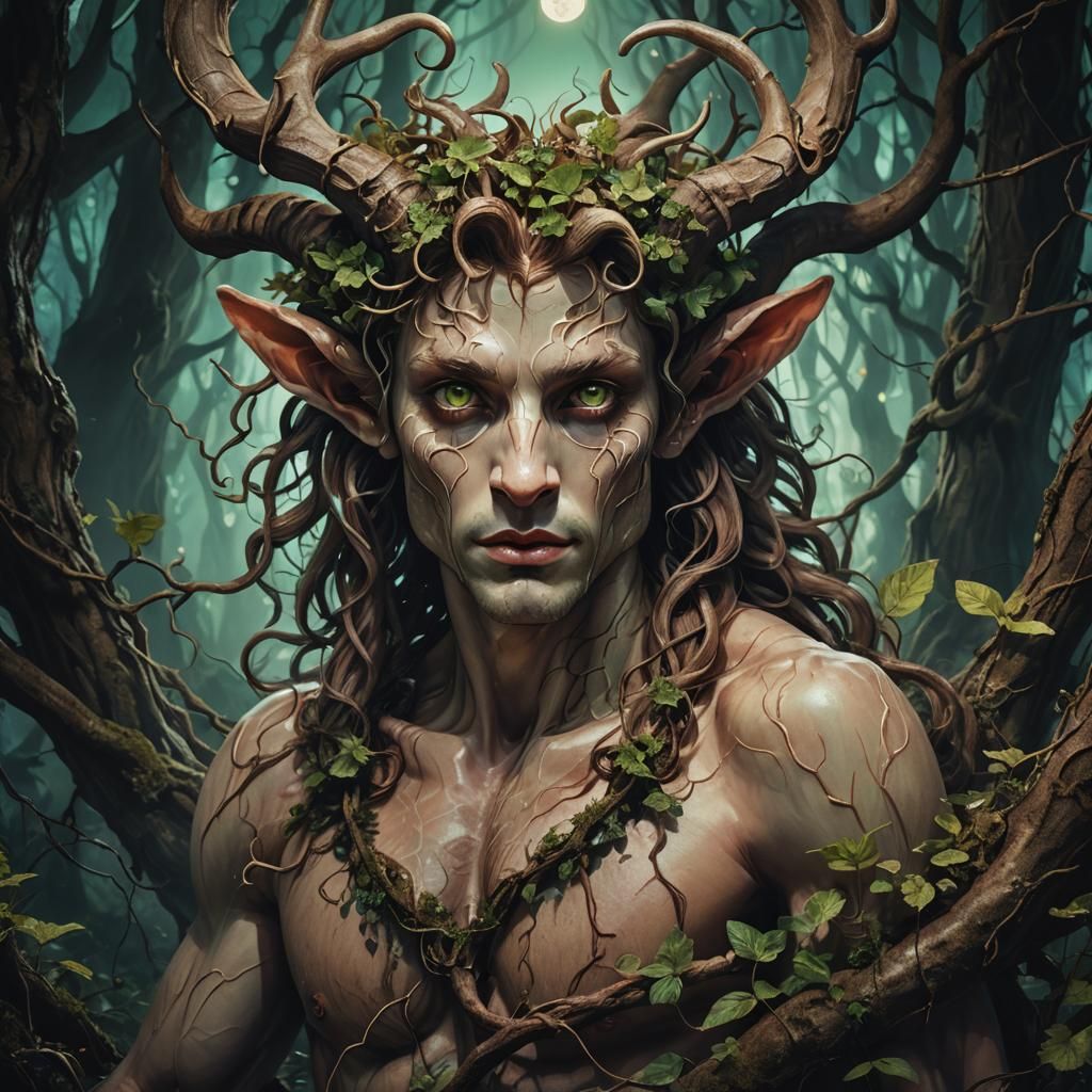 Faun Portrait in Moonlit Forest