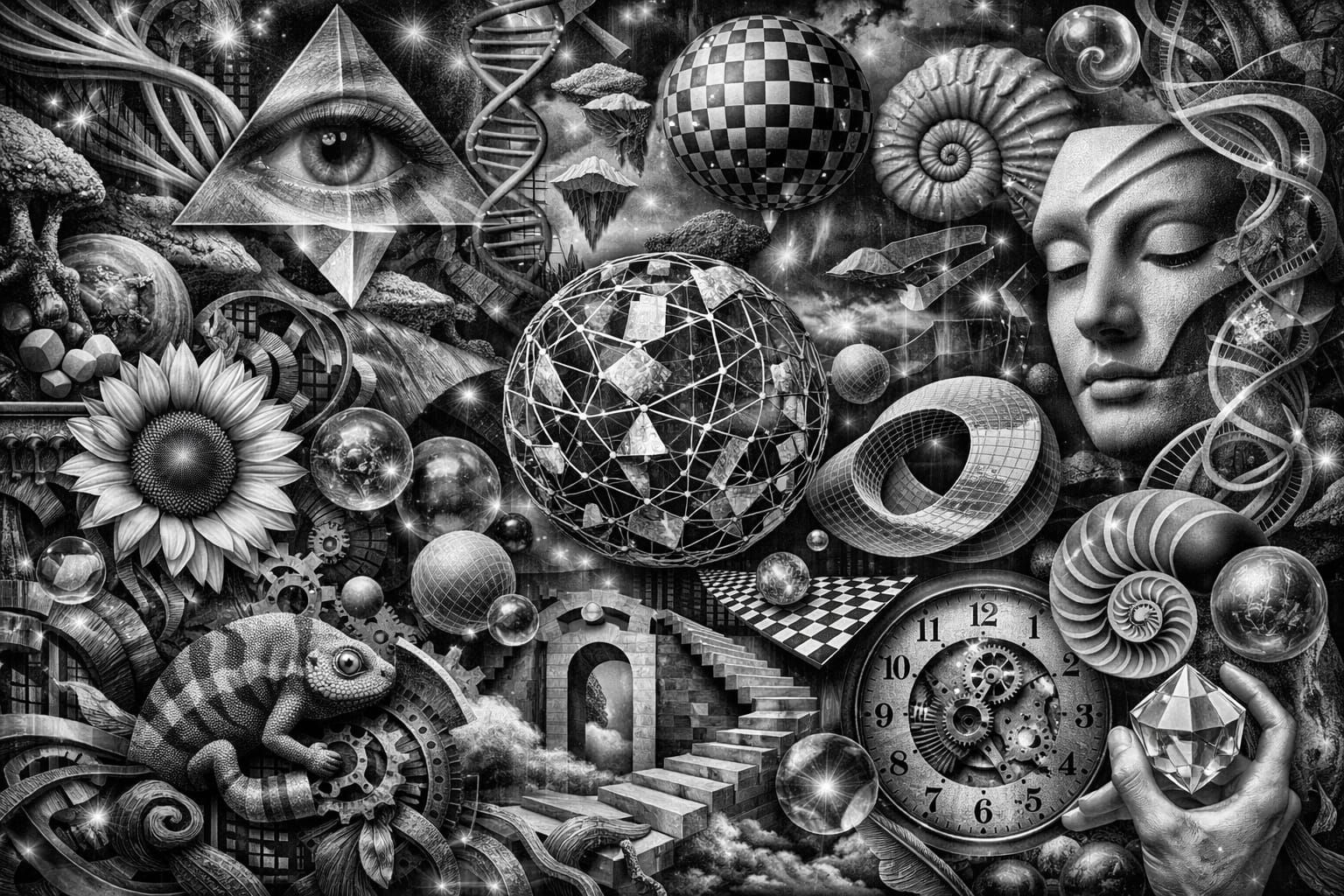 Surreal Geometric Collage with Dramatic Lighting