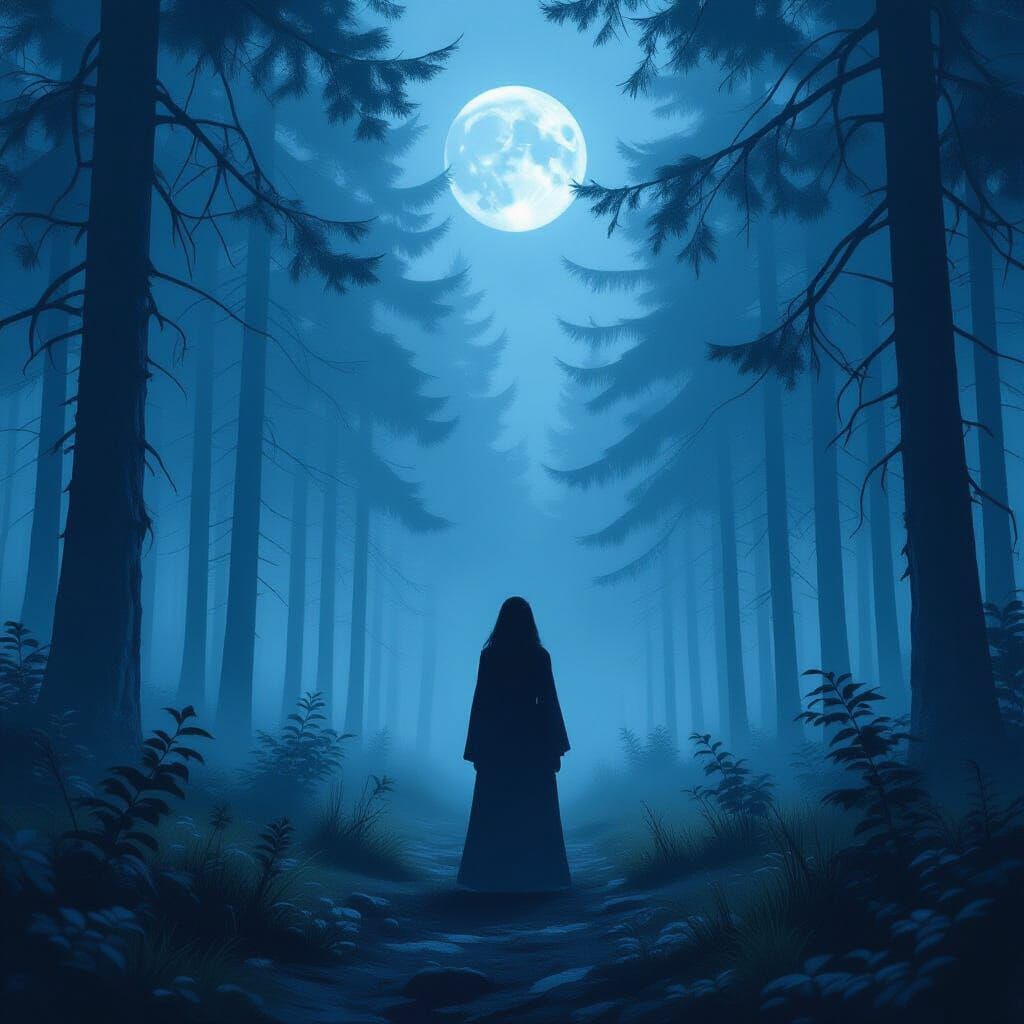 Serene Woman in Misty Forest, Surreal Digital Art