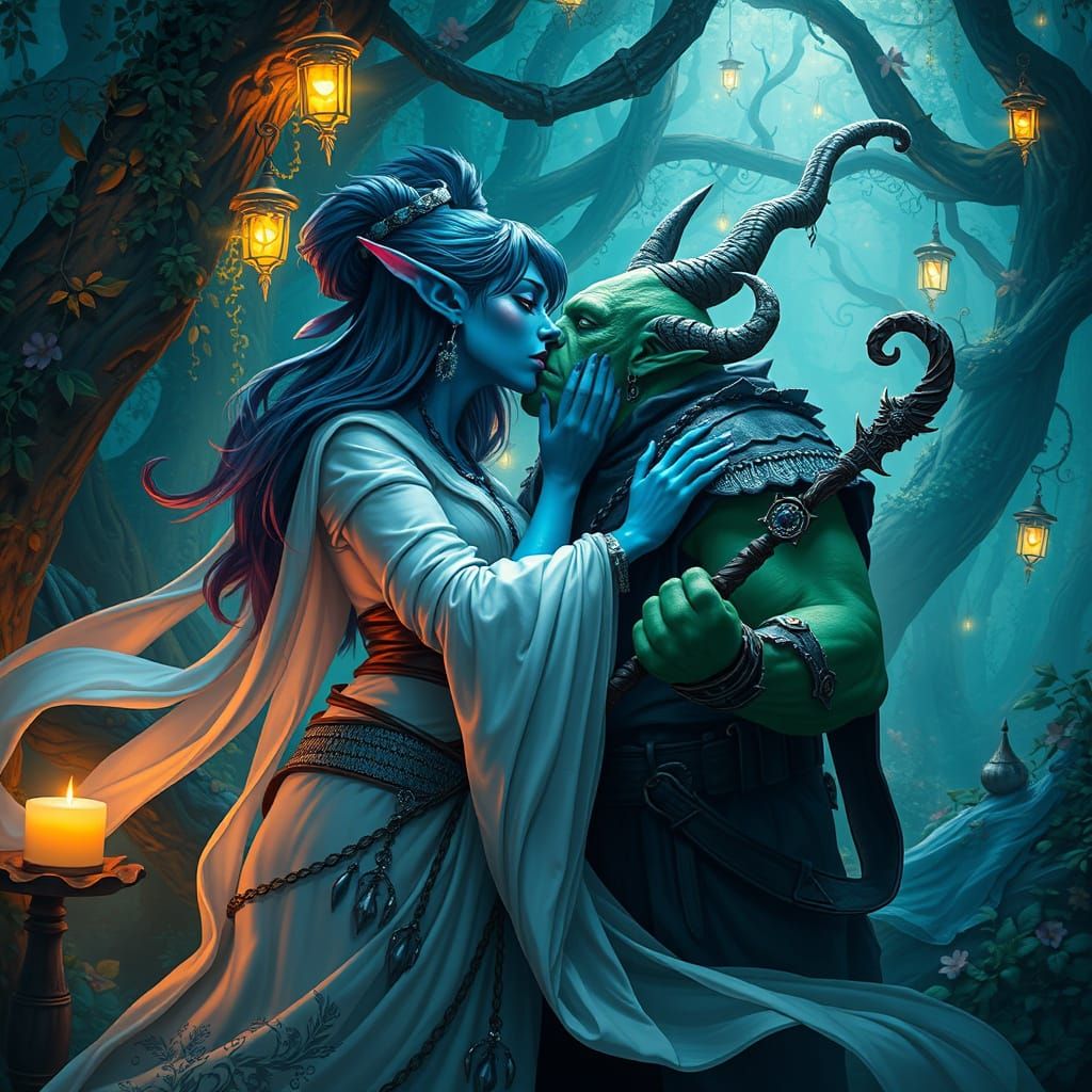 An tiefling blue skin female priestesse kisses a green skin ...