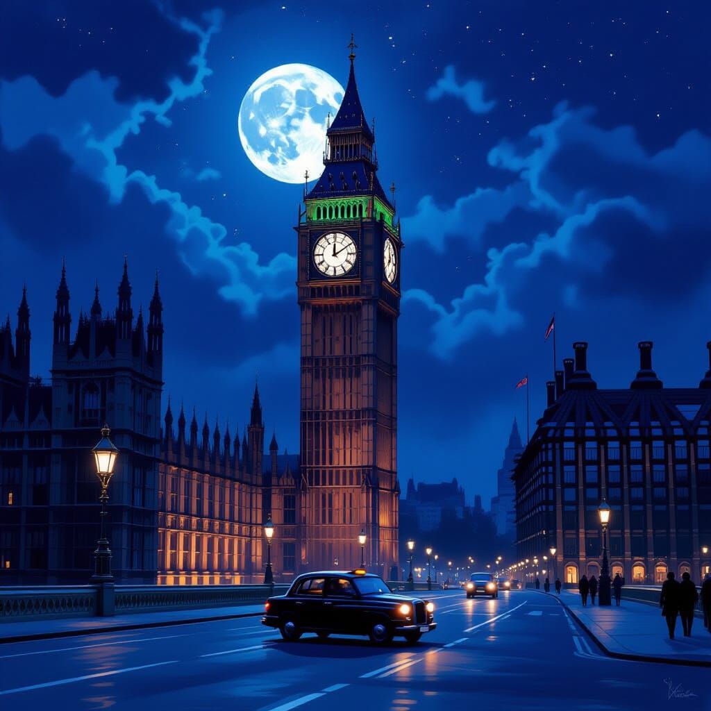 Big Ben at Midnight Under Full Moon