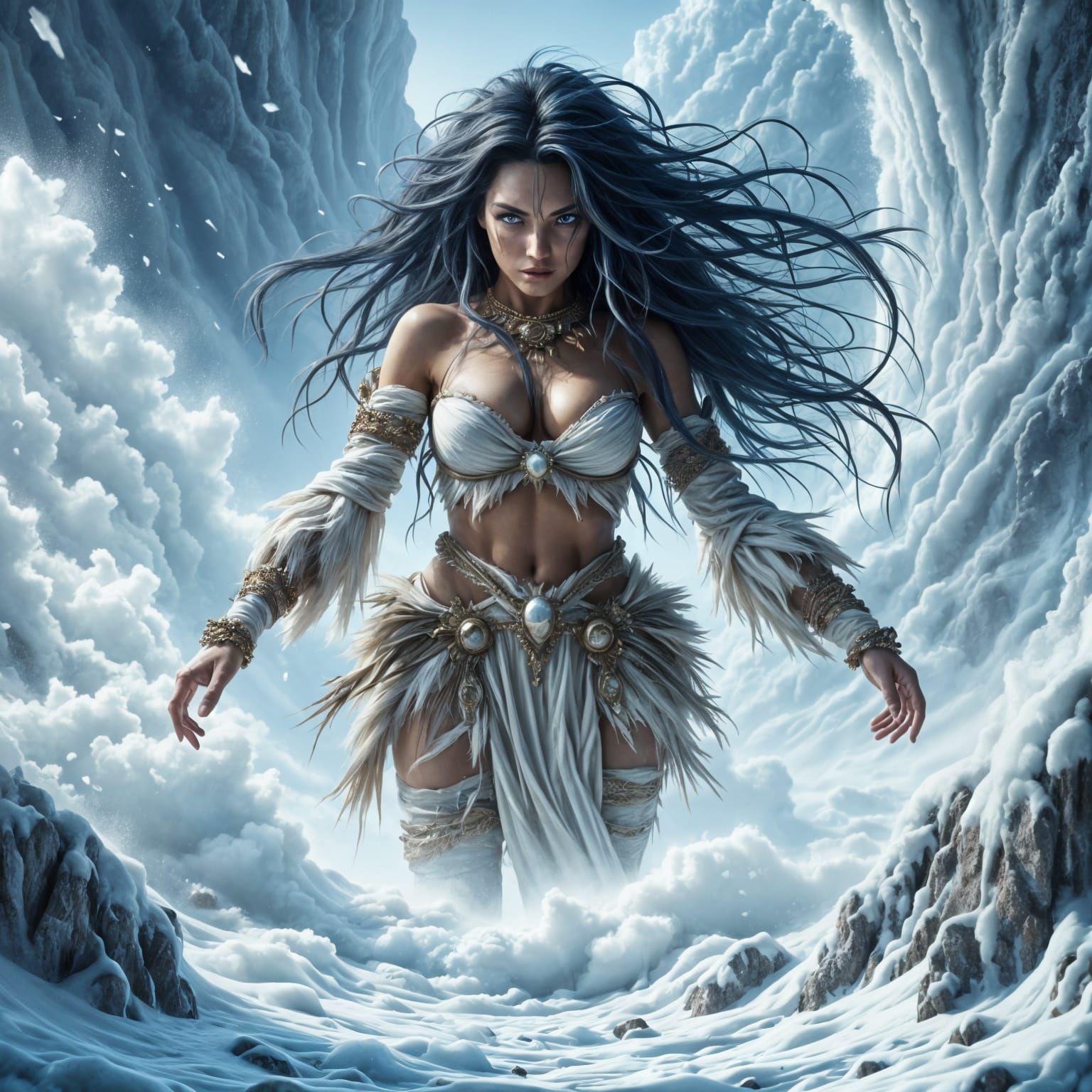 Fierce Prehistoric Woman Struggles Against Blizzard Fury