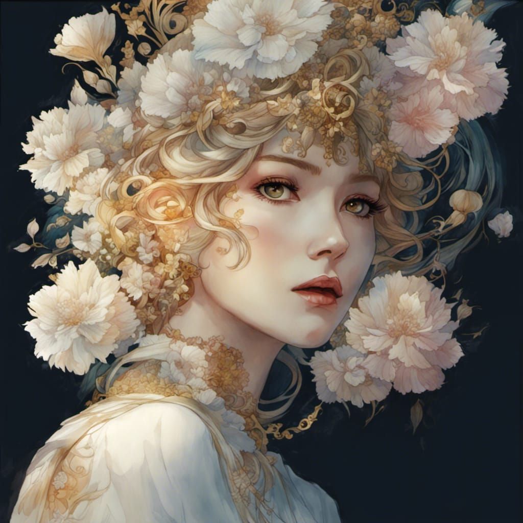 Dreamlike Watercolor: Woman Surrounded by Flowers