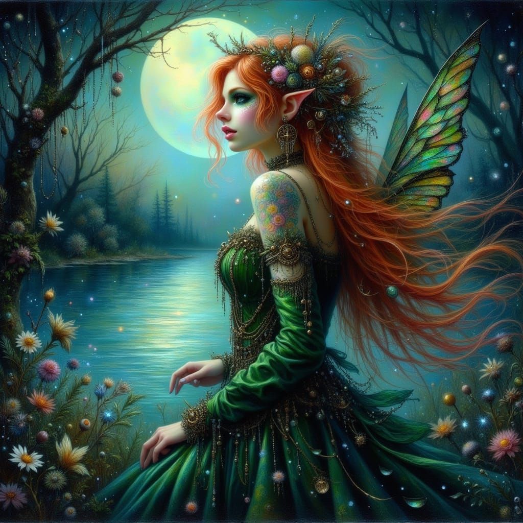 Regal Woman by Moonlit Lake in Enchanting Oil Painting Style