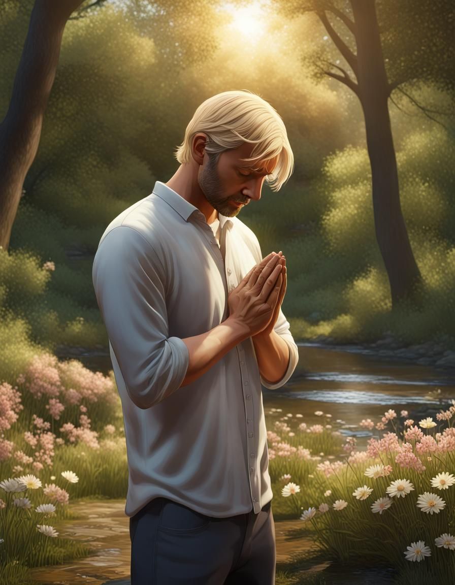 Man in Prayer in Hyperrealistic Woodland Scene
