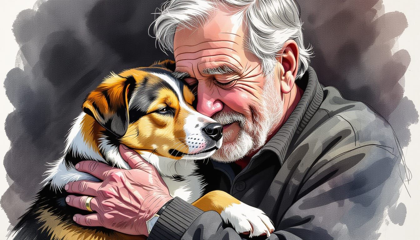 Tender Portrait of Man and Dog Embrace in Gouache Style
