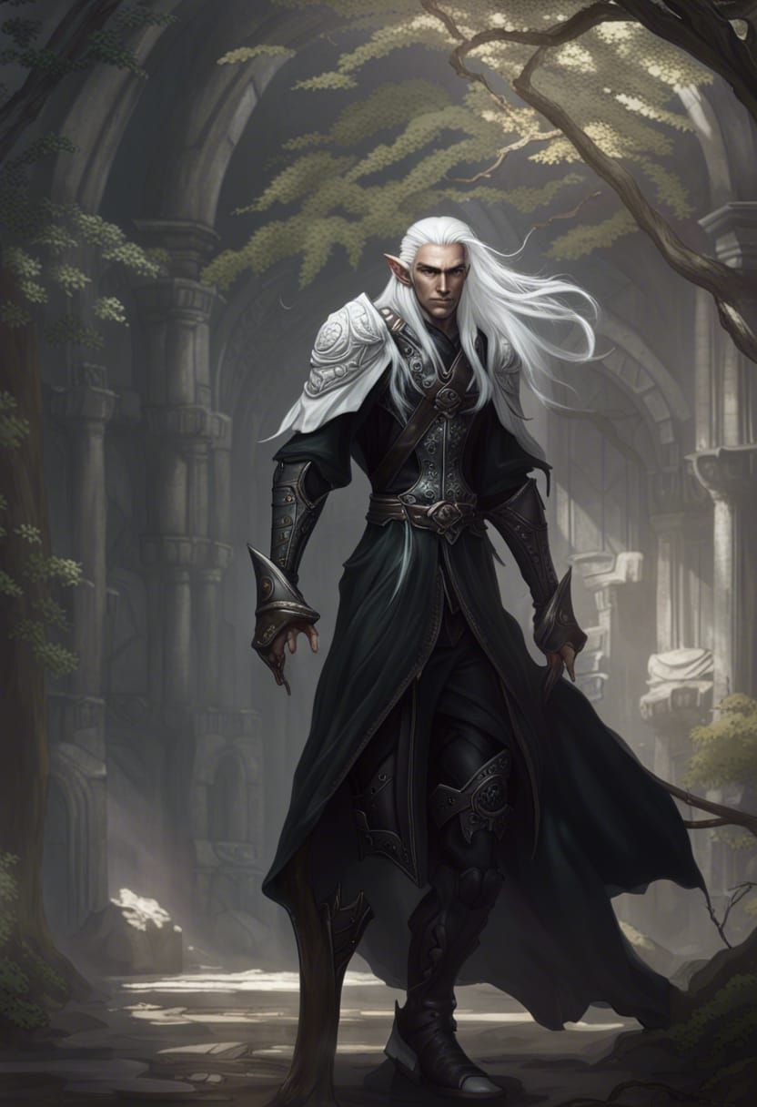 White-Haired Elf Warrior in Dark Fantasy Style