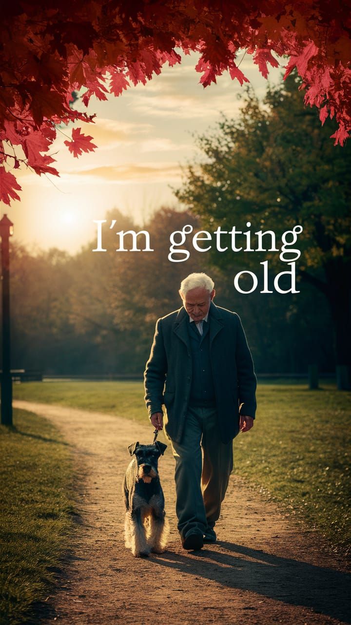 Elderly Man and Schnauzer in Autumn Sunset