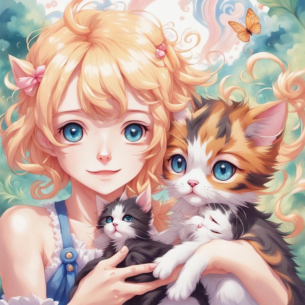 Puppy and Kitten Friendship in Anime Style