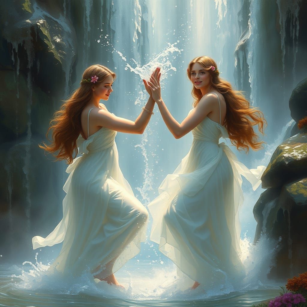 Two of the most beautiful maidens are splashing each other in the falling water of a waterfall