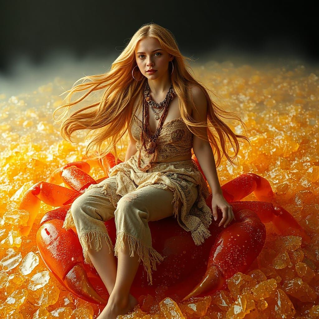 Woman on Gummy Crab in Soda Sea, Neon Futurism Style