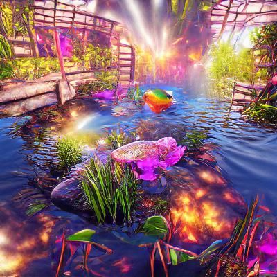 Picturesque Garden Pond in Painterly Style