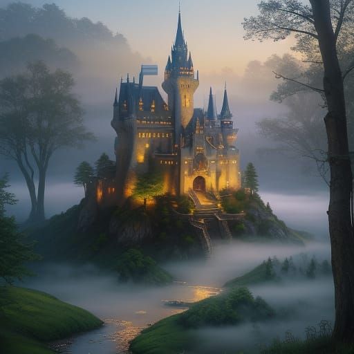 Ethereal Castle in Golden Light, Kinkade Style