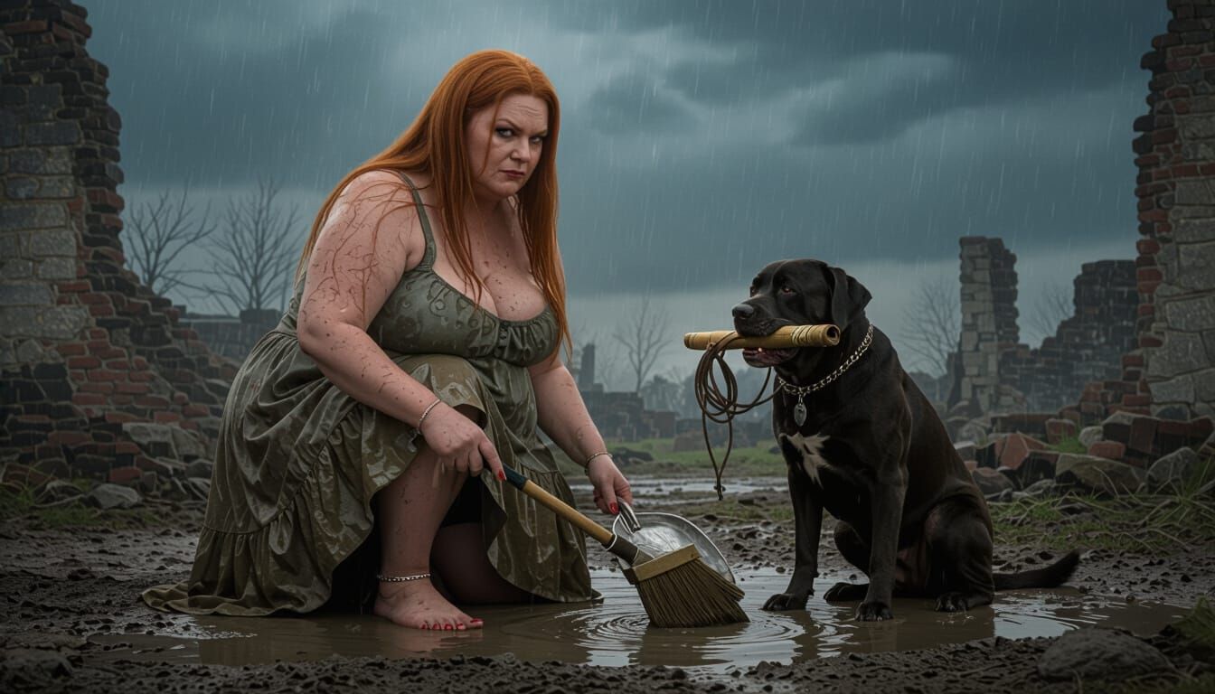 Woman Sweeping in Ruins, Dramatic Lighting