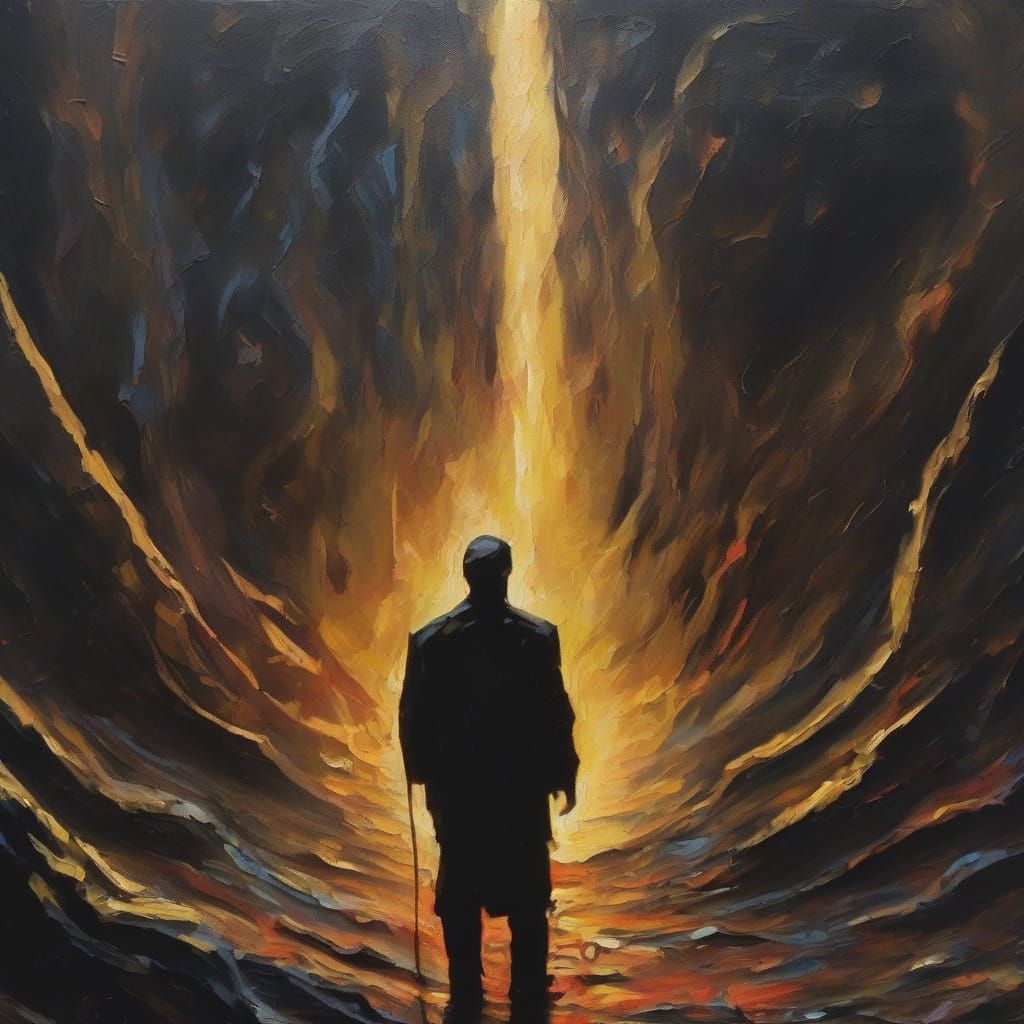 Surreal Moron in Dark Landscape, Gouache Impasto Style