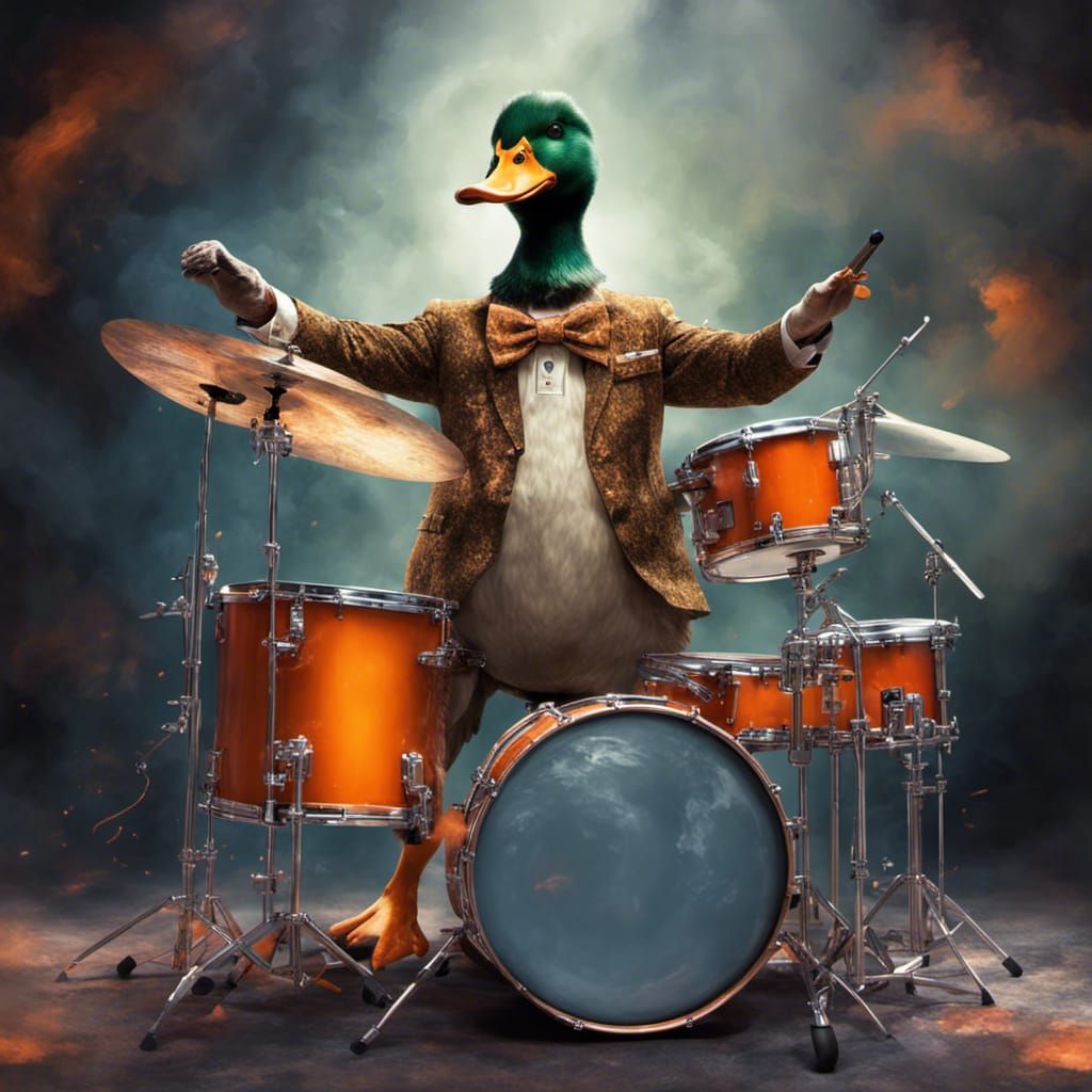 A duck playing the drums