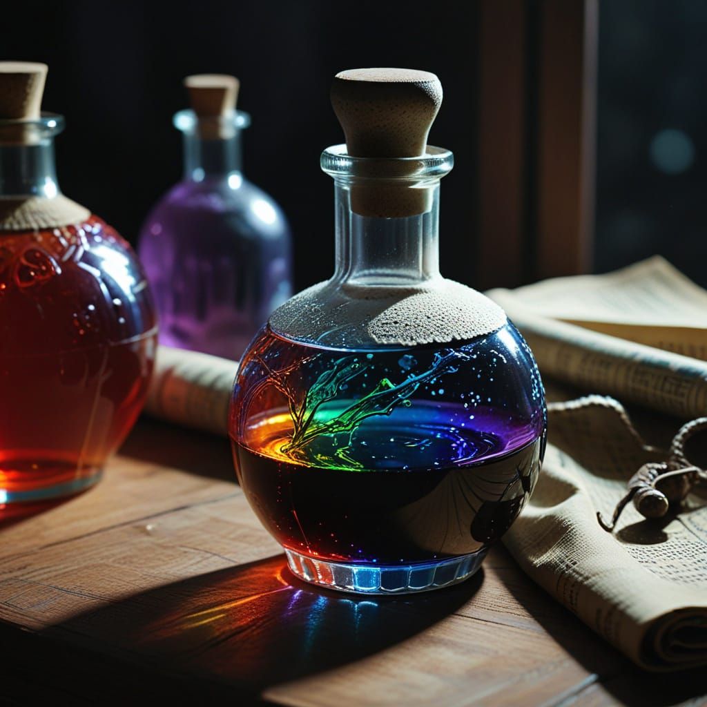 Western Fantasy Potion Bottle in Film Noir Style