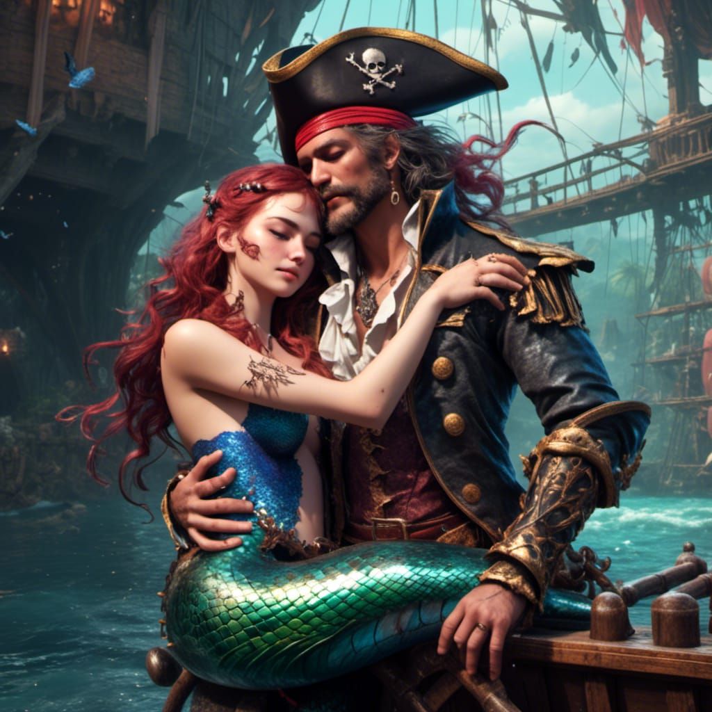 Pirate Lady Cuddling a Merman: Detailed Digital Art