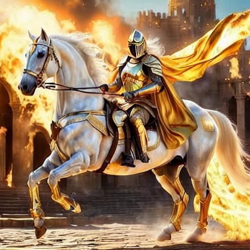 Rearing white stallion with knight, gold and flames.