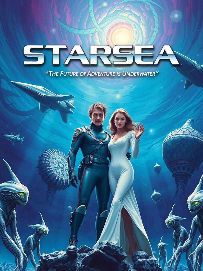 Aquatic Aliens and Human Hero in Psychedelic Nebula