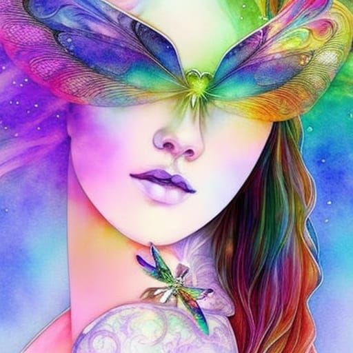 Rainbow Dragonfly Watercolor Portrait