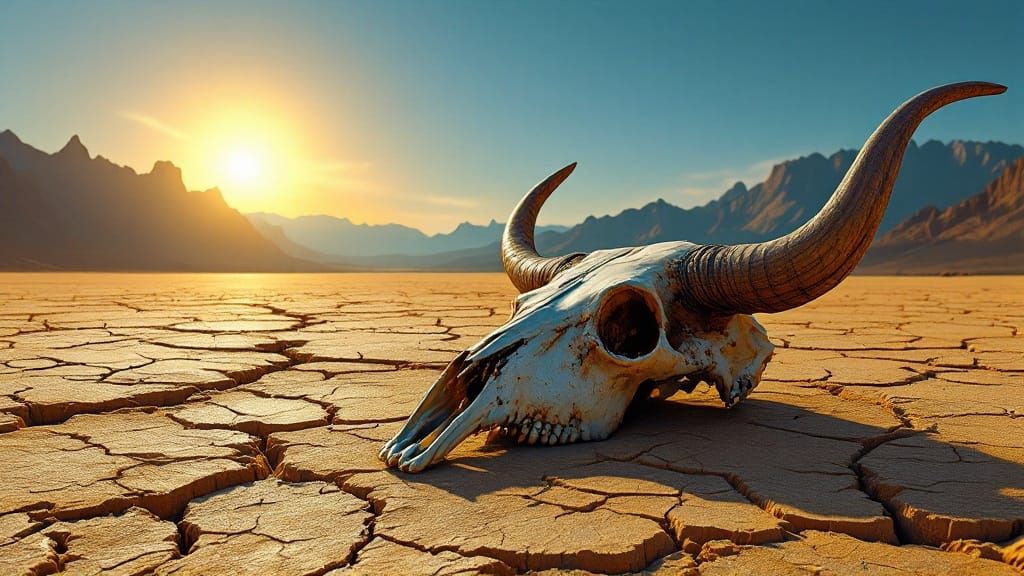 Desert Wasteland with Sun-Bleached Skull in Golden Light