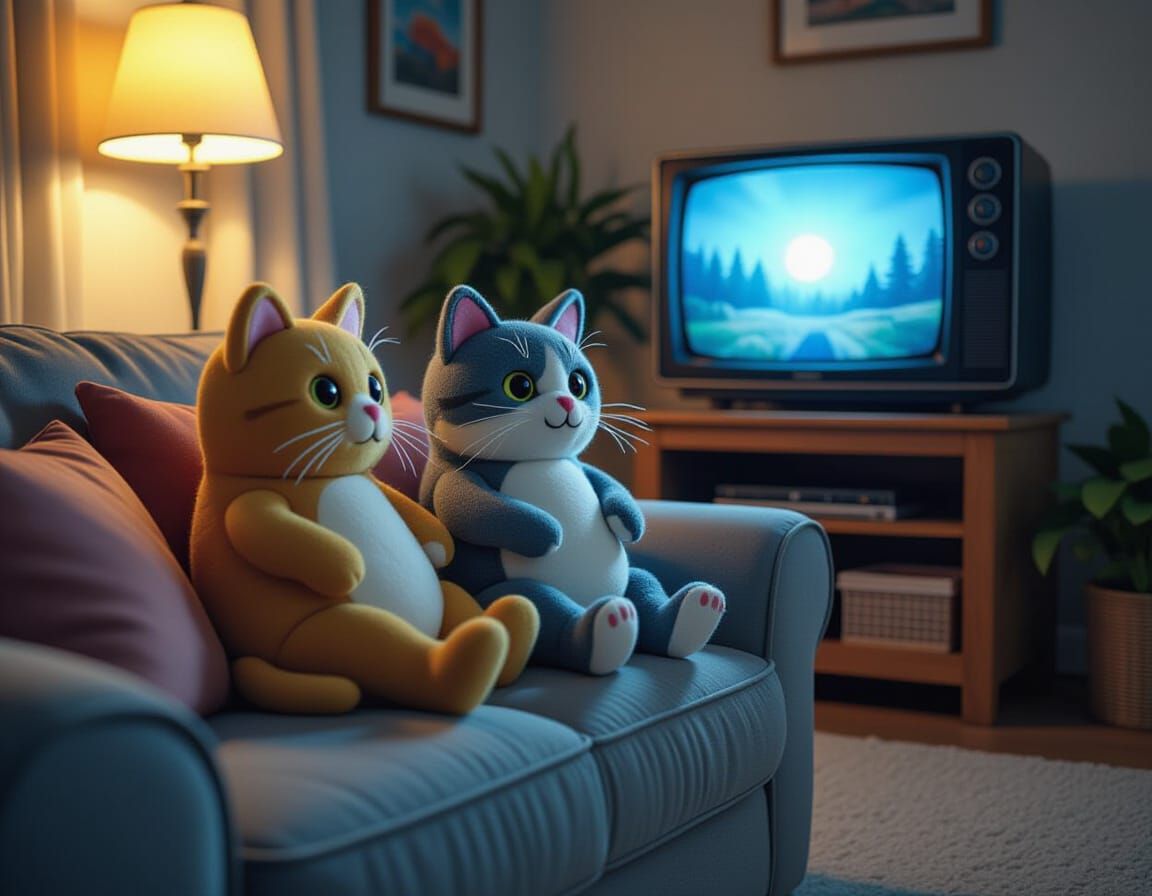 Hyperrealistic Felt Pets Watch TV on Sofa