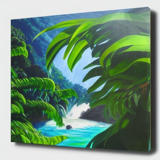 Impressionistic Rainforest with Orchids and Waterfall