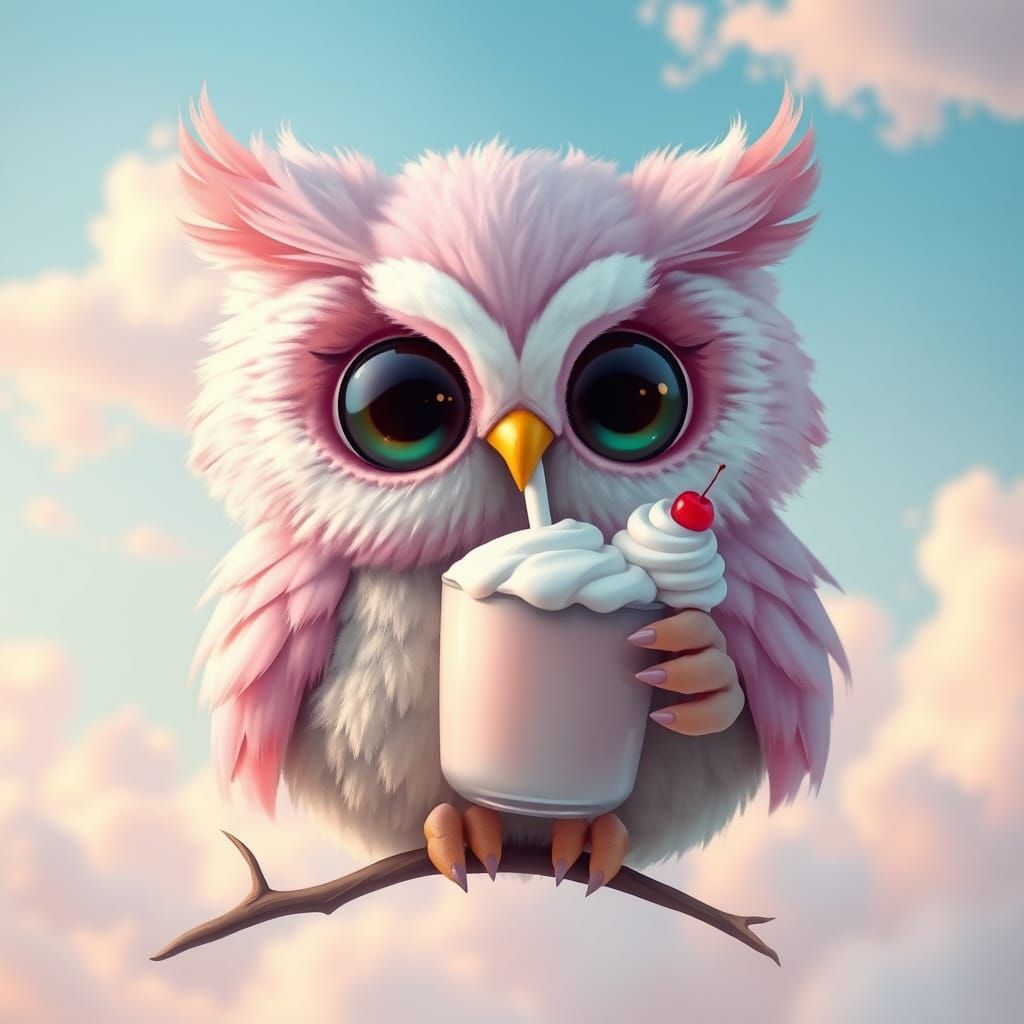 Kawaii Owl Sipping Milkshake in Pastel Sky