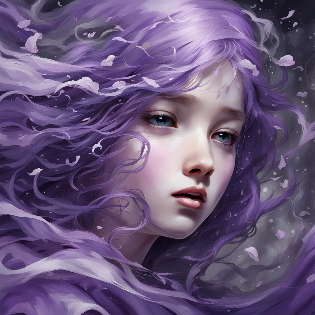 Sad Tear-Stained Face in Violet Cold Wind