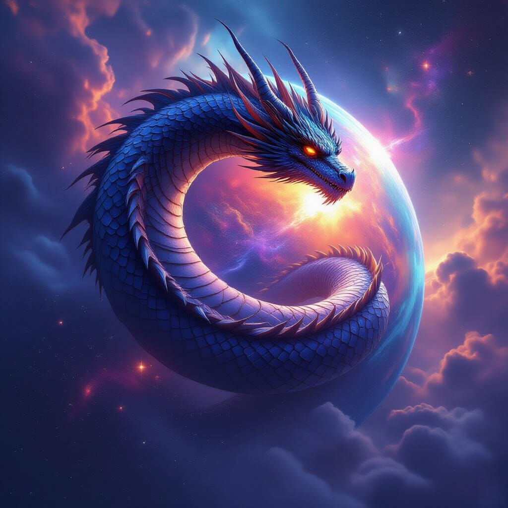 Nebula Dragon Coiled Around Alien Planet