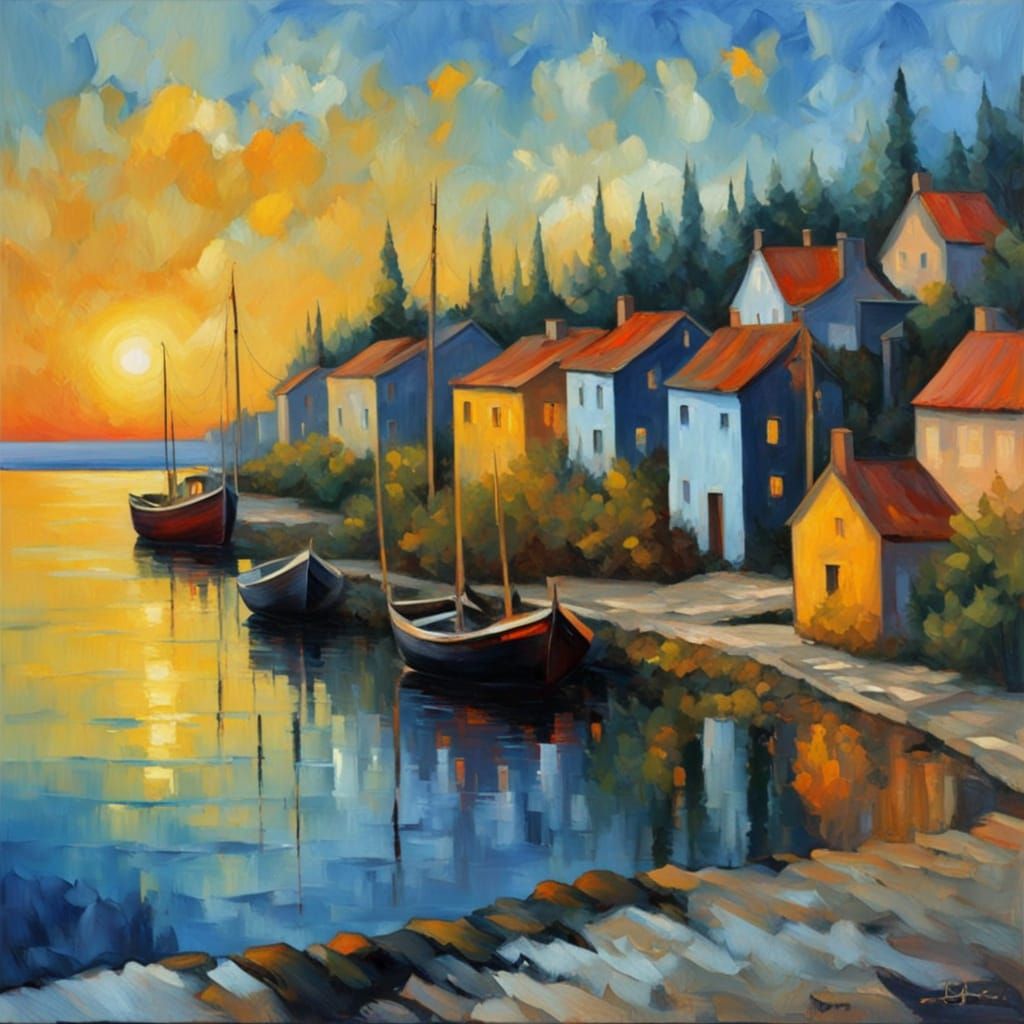 Expressive Impasto Oil Painting of a Coastal Village