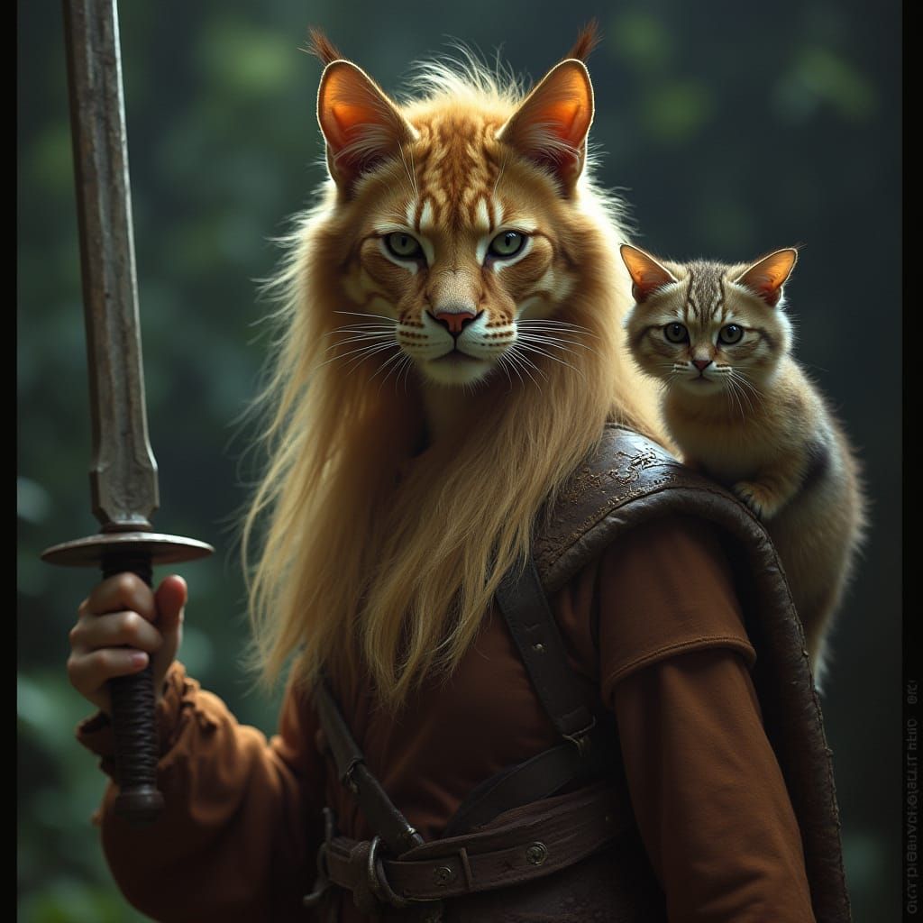 Medieval Lioness Cat-Folk with Daggers, Cinematic Still