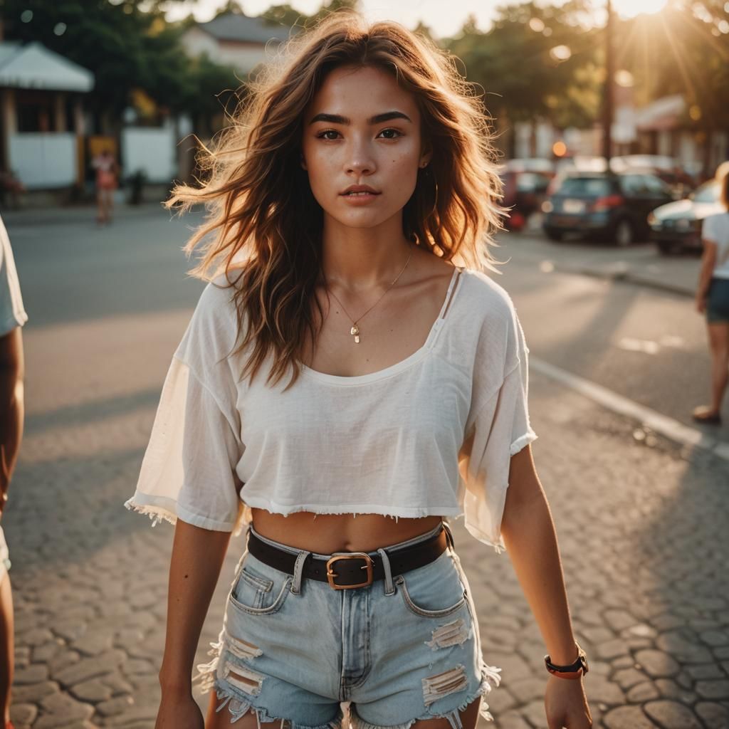 Cinematic Film Still of Woman in Crop Top