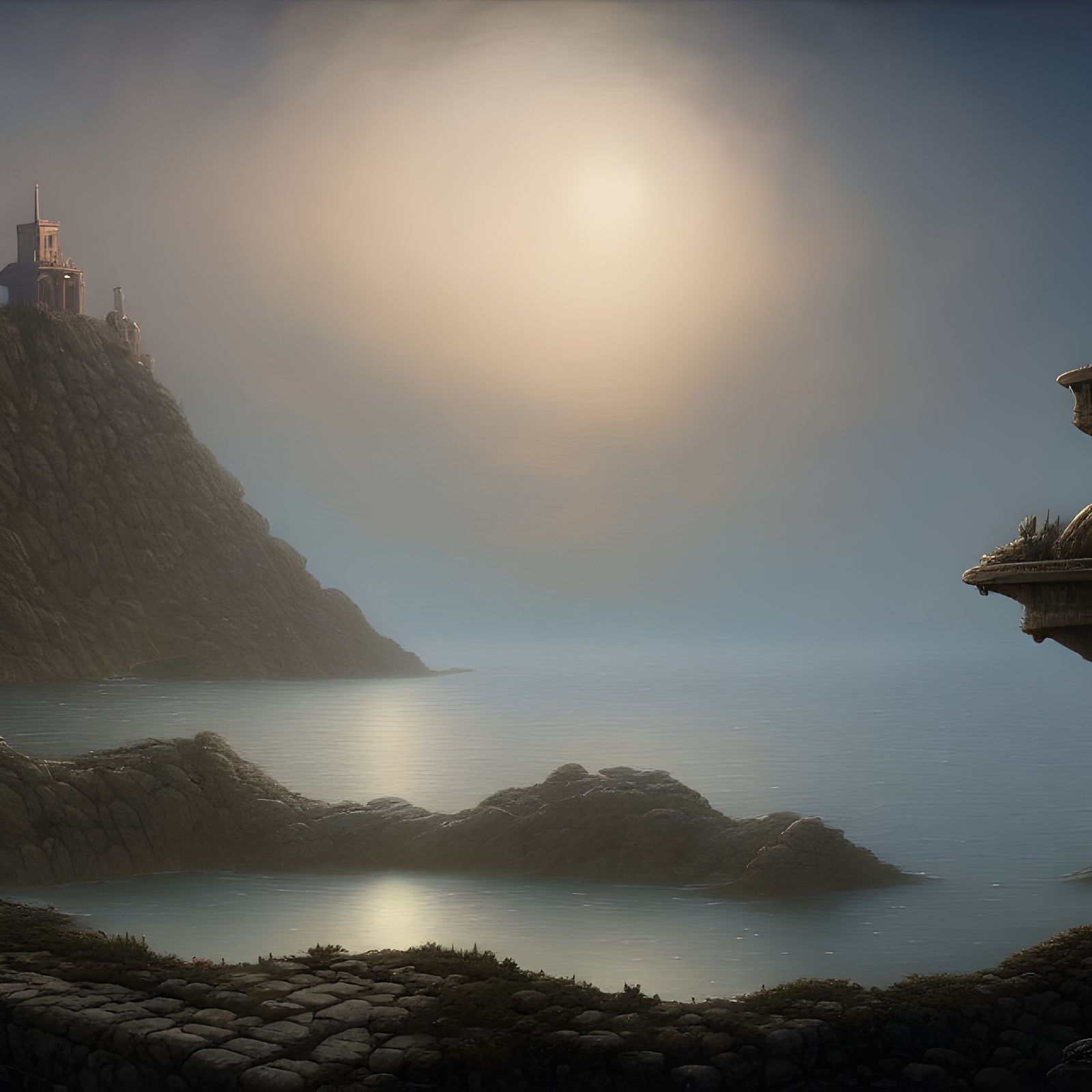 Cyberpunk Fantasy on a Misty Mediterranean Island