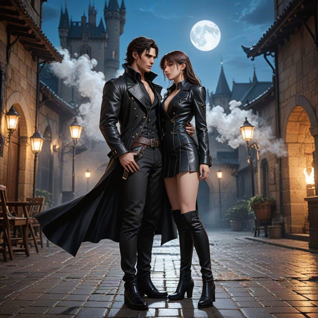 Handsome Vampire and Hunter in Moonlit Castle Courtyard