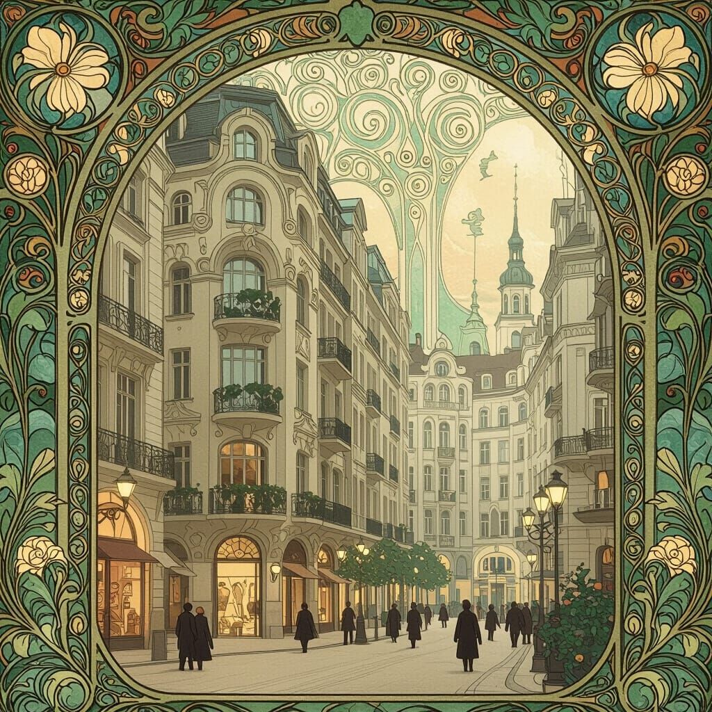 Elegant Art Nouveau Cityscape with Floral Motifs