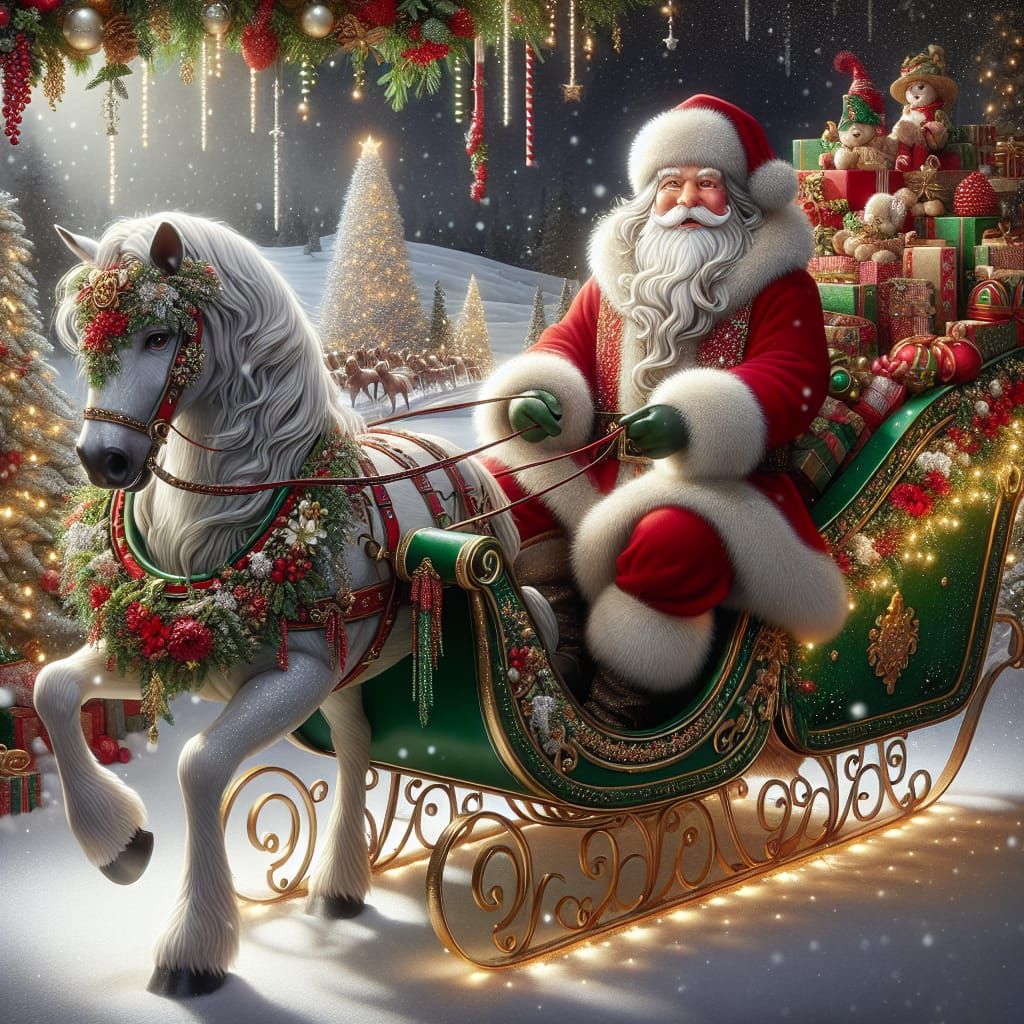 A festive Christmas scene featuring Santa Claus riding in a ...