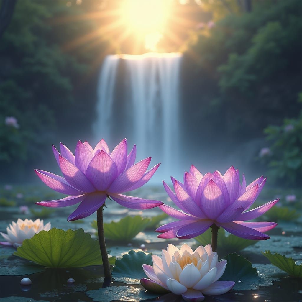 Sunrise Over Lotus and Roses with Waterfall