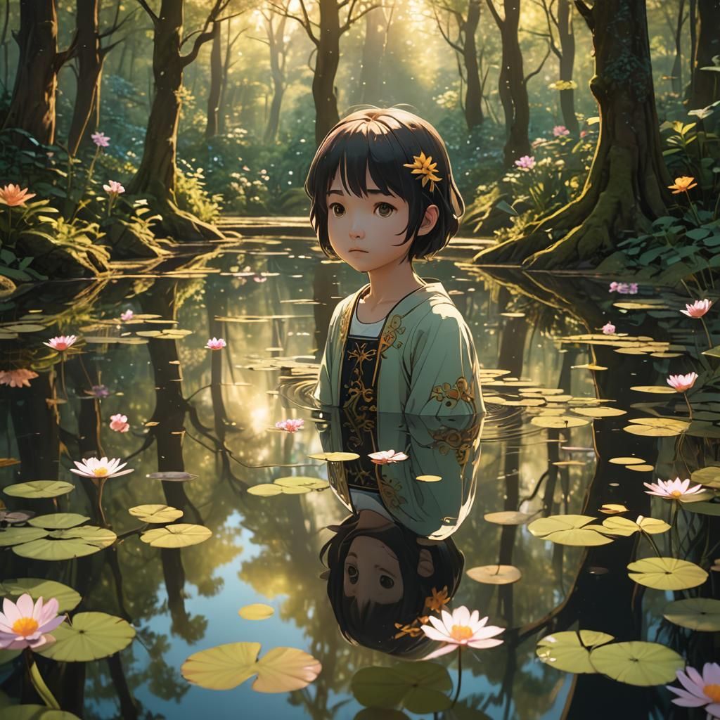 Mystical Tarot Child Reflects Cups in Anime Art