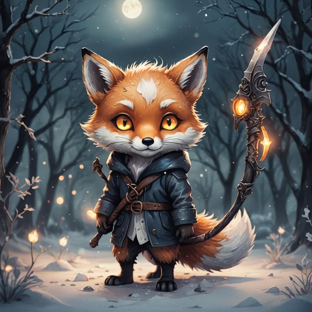 Undead Chibi Fox with Scythe in Watercolor Style