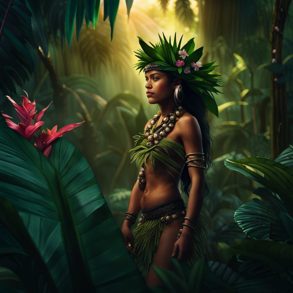Polynesian Girl Collecting Flowers in Jungle Art