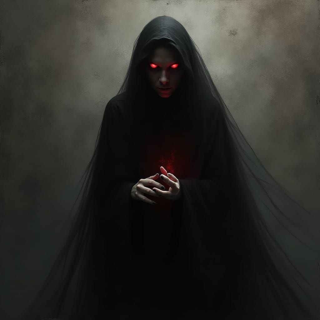 Malevolent Witch with Glowing Eyes in Grungy Setting