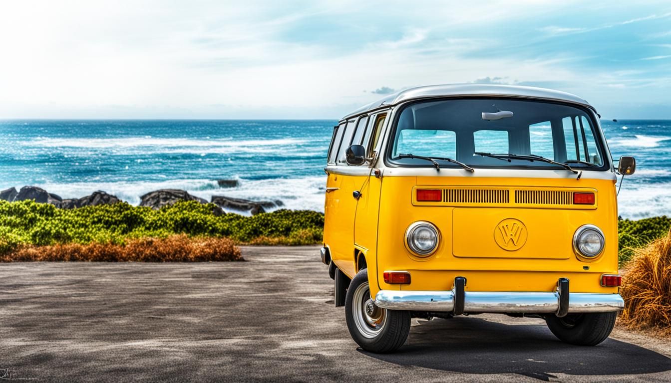 Yellow Van by the Ocean: Hyperrealistic Image