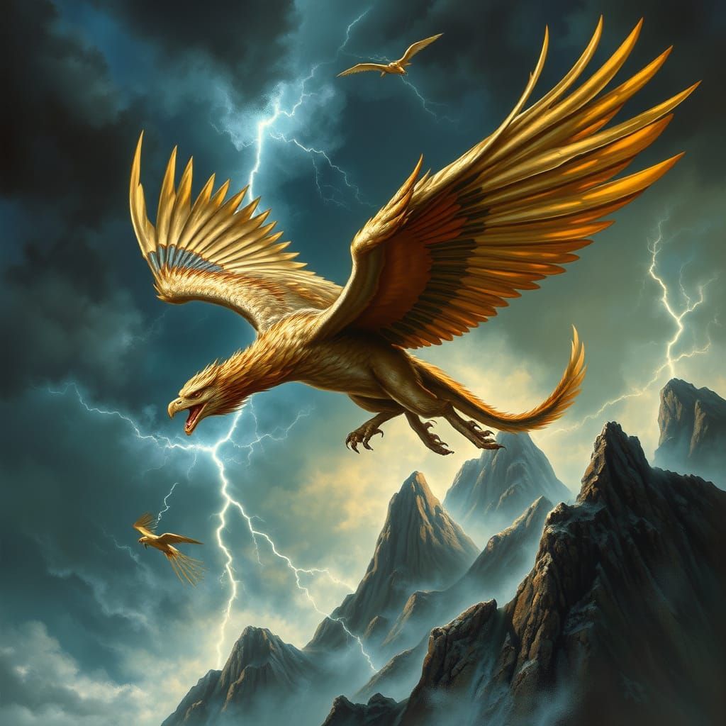 Majestic Griffin in Dramatic Stormy Sky, with Golden Feather...
