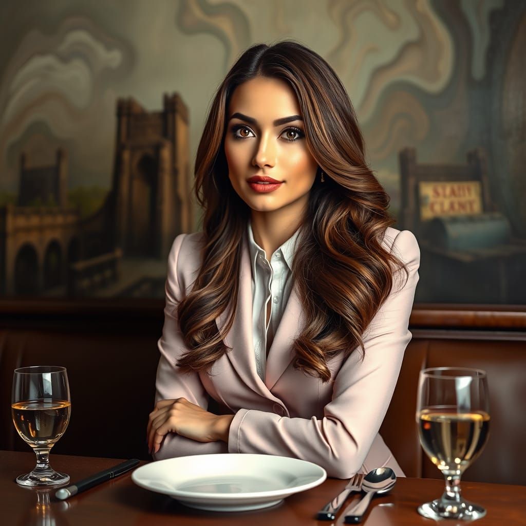 Attractive Woman in Pastel Suit at Surreal Corporate Lunch