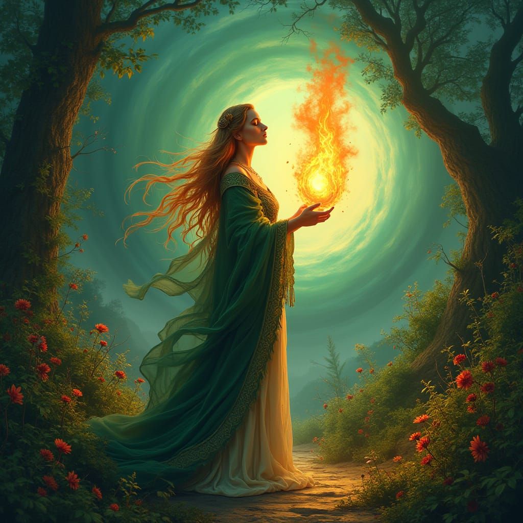 Celtic Goddess Brigid in Vibrant Landscape with Golden Heart...